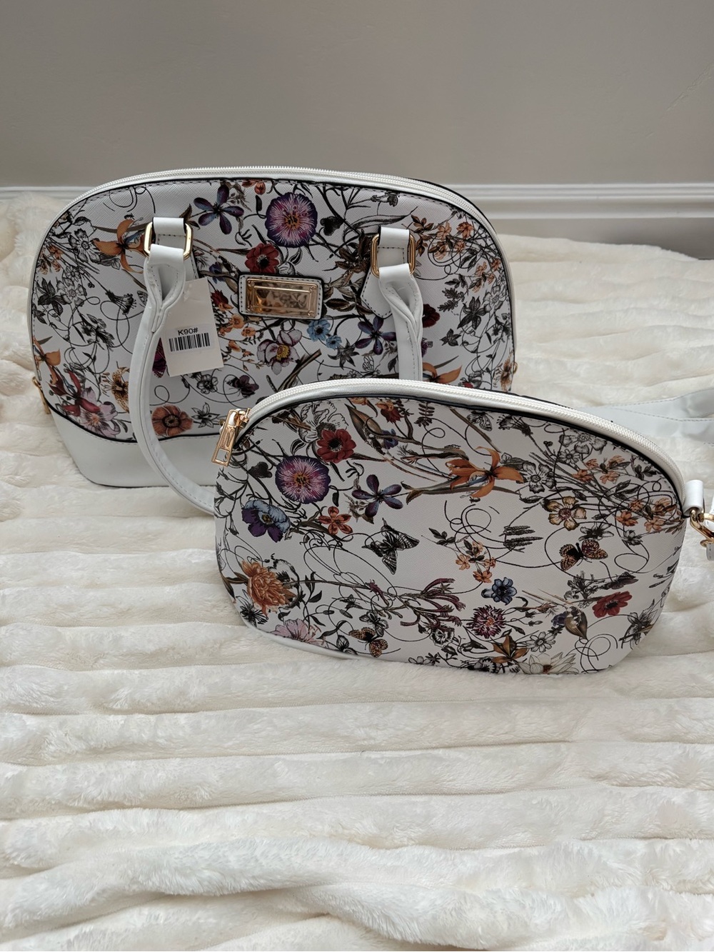 Women's White Floral Dome Crossbody Set - Elegant Printed Handbag Duo
